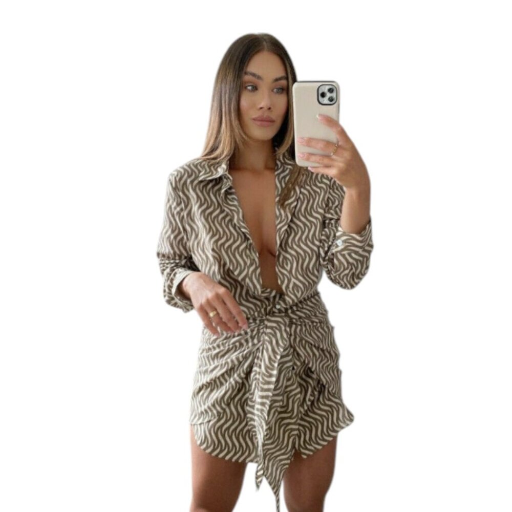 Zara Tan and White Patterned Mini Dress
